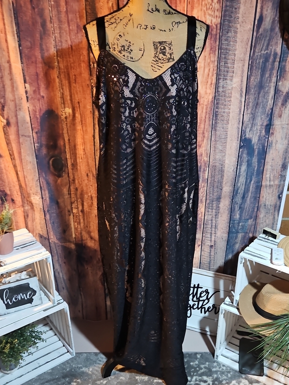 R&M Richards Black Lace Dress with Tan Underlay Size 18W